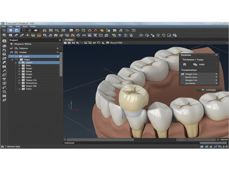 Diseñadores CAD/CAM dental con pantalla y software técnico